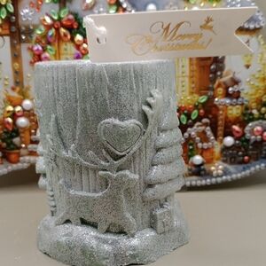 Silver Glitter Candle with Festive Design